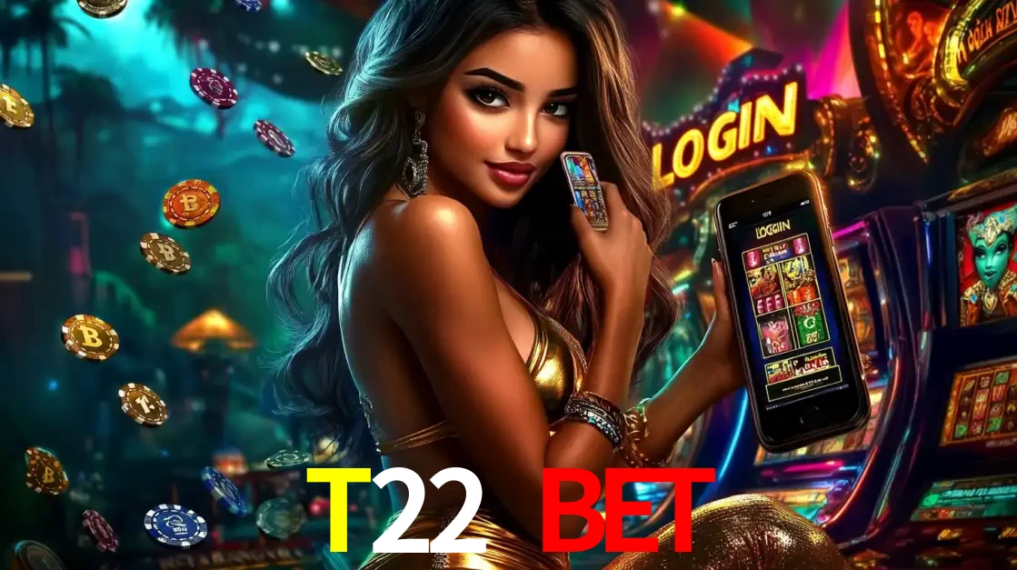 Mulher em um cenário de cassino temático de aventura, mostrando o app de caça-níqueis da T22 BET no celular. Fichas de apostas flutuam ao redor.