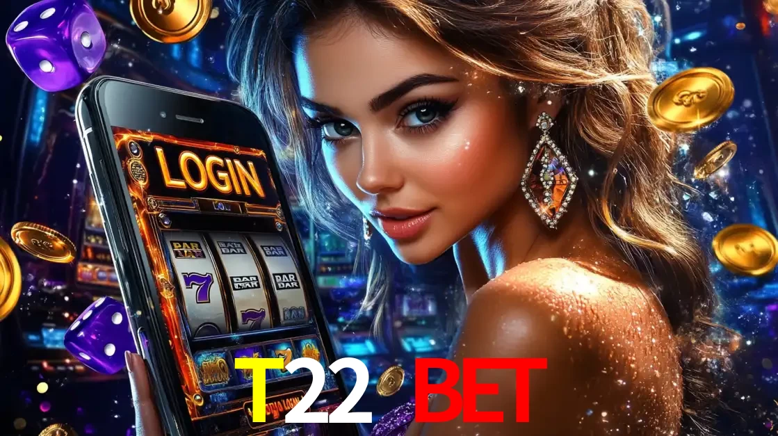 Mulher glamorosa segurando um smartphone com a tela de login para os jogos de caça-níqueis do cassino online T22 BET, com moedas de ouro e dados ao redor.