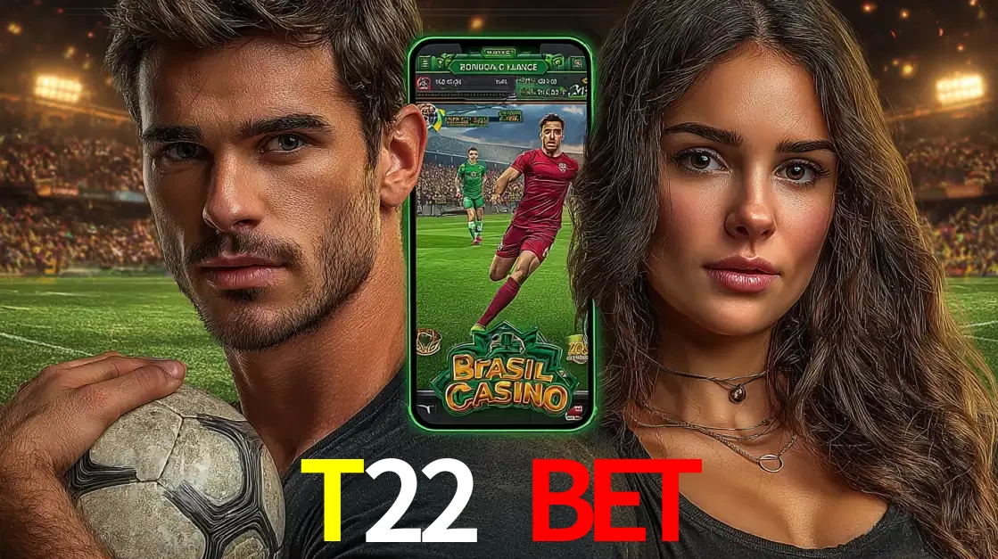 Homem segurando uma bola de futebol e uma mulher ao lado de um smartphone exibindo o jogo de apostas esportivas da T22 BET. Faça seu palpite no cassino online.